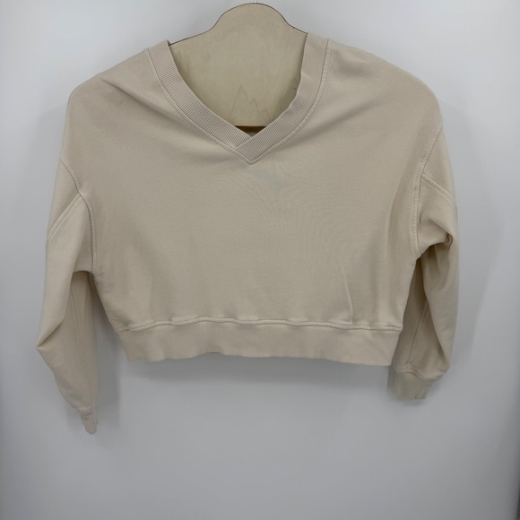 aerie Tops - Aerie Sweatshirt Women Small Cream V-Neck Cropped Fleece Pullover Minimalist